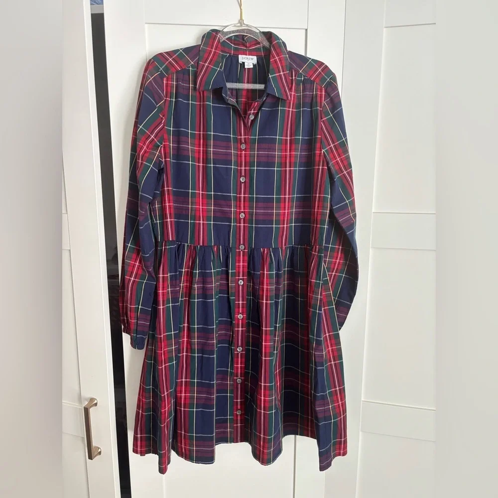 J. Crew Multicolor Plaid Shirt Dress Size 6 Button Down Collar Cotton Holiday